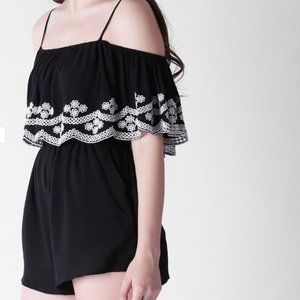Forever 21 Black Embroidered Short Sleeve Jumpsuit Black Size L/M